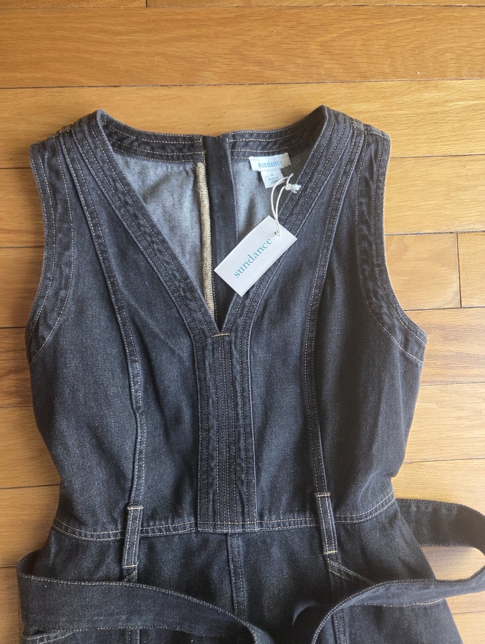 Sundance Poppy Dark Denim V-Neck Sleeveless  Dress with Waist Ties - Picture 3 of 4